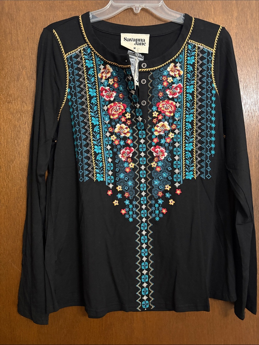 Savanna Jane Black Long-Sleeve Top with Blue and Red Floral Embroidery